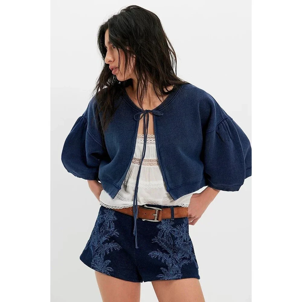 Free People Cape Me Cozy Cardi Blouse Top Cropped Crew Neck Cotton Boxy L 289850